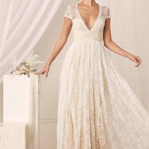 Life of Love White Floral Lace Short Sleeve Maxi Dress